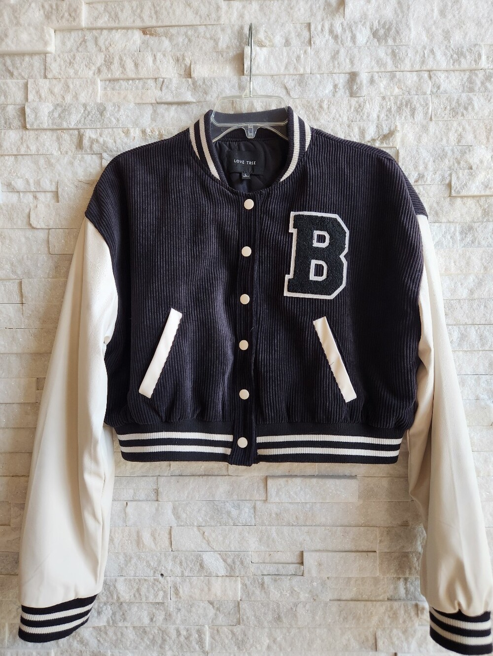 Love Tree Womens Cropped Varsity Bomber Jacket Size L Faux Leather Sleeves Black
